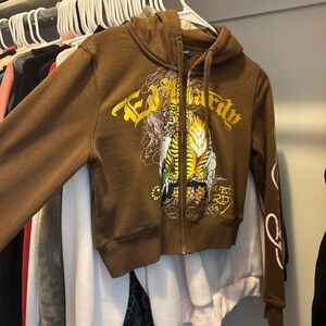 Ed Hardy Brown Hoodie Jacket with Yellow and Pink Accents